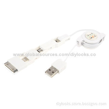 4-in-1 USB 2.0 to Micro USB + Mini USB + Apple 30 pin Multifunctional Retractable USB Data Cable